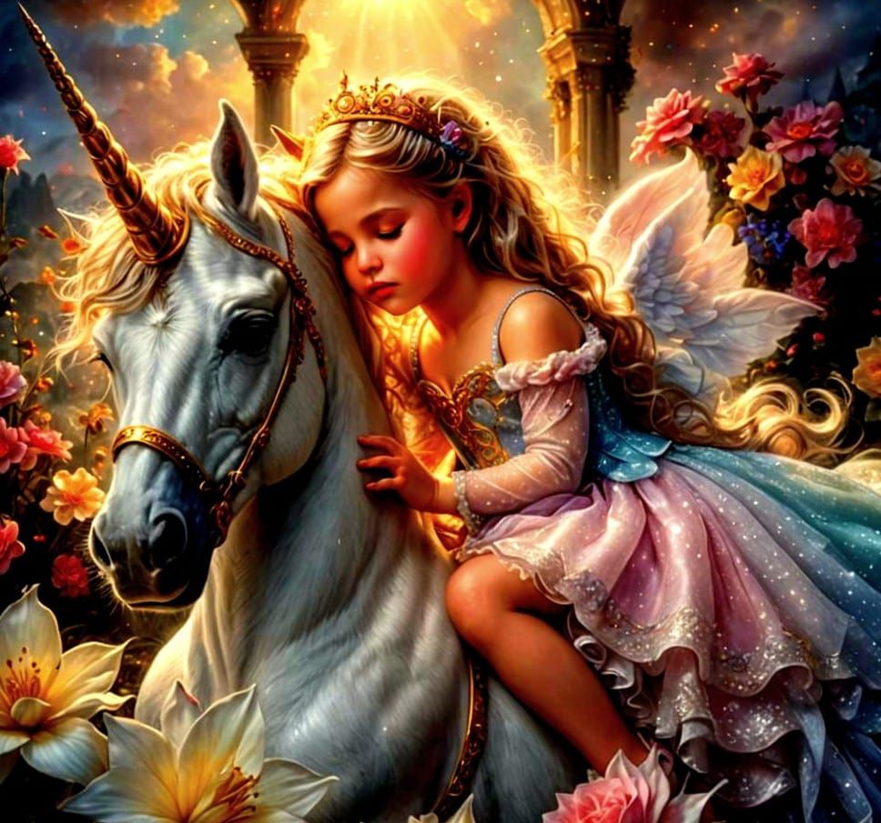 Baby Princess and Magical Unicorn in Ethereal Fantasy Style