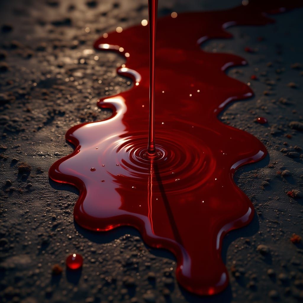 Visceral Crimson Liquid Pooling with Dramatic Lighting