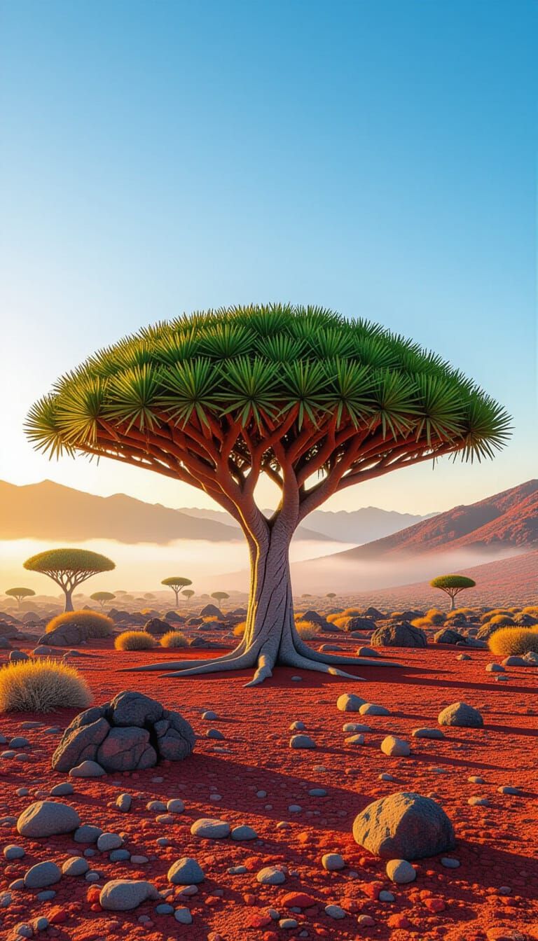 Dragon's Blood Tree on Socotra Island at Sunrise