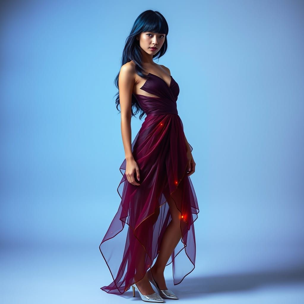 Elegant Cyberpunk Woman in Burgundy Gown