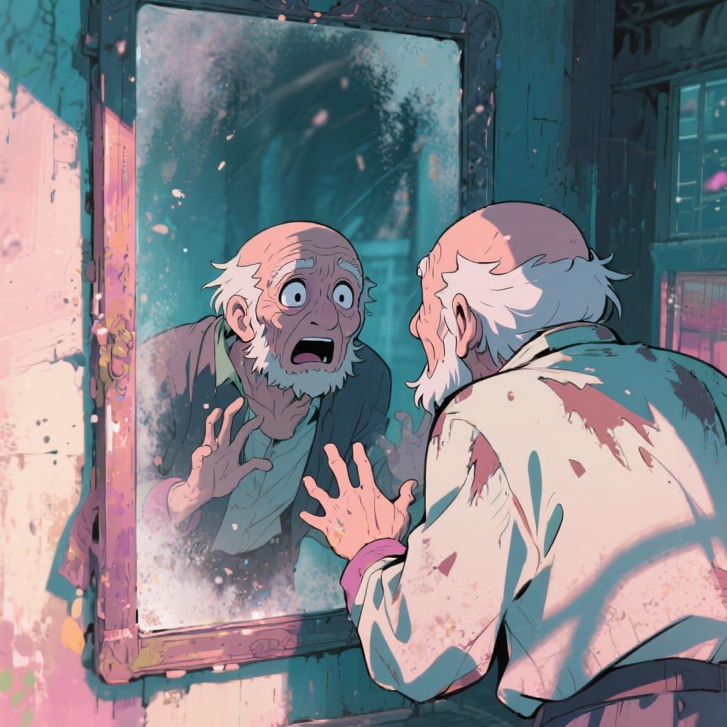 Terrified Old Man Stares into Mirror in Anime Art Style