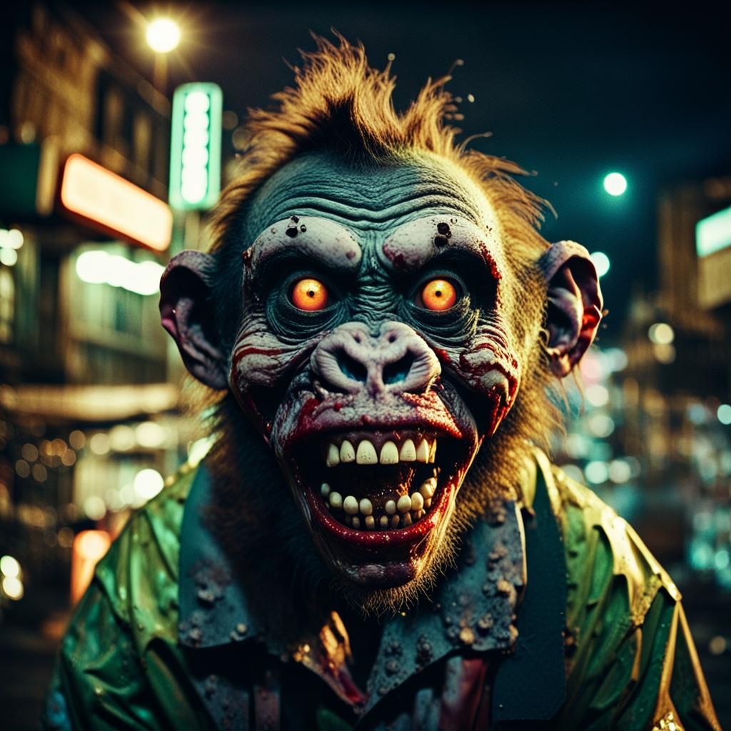 Zombie Monkey Clown in Abandoned City: Cinematic Film Still