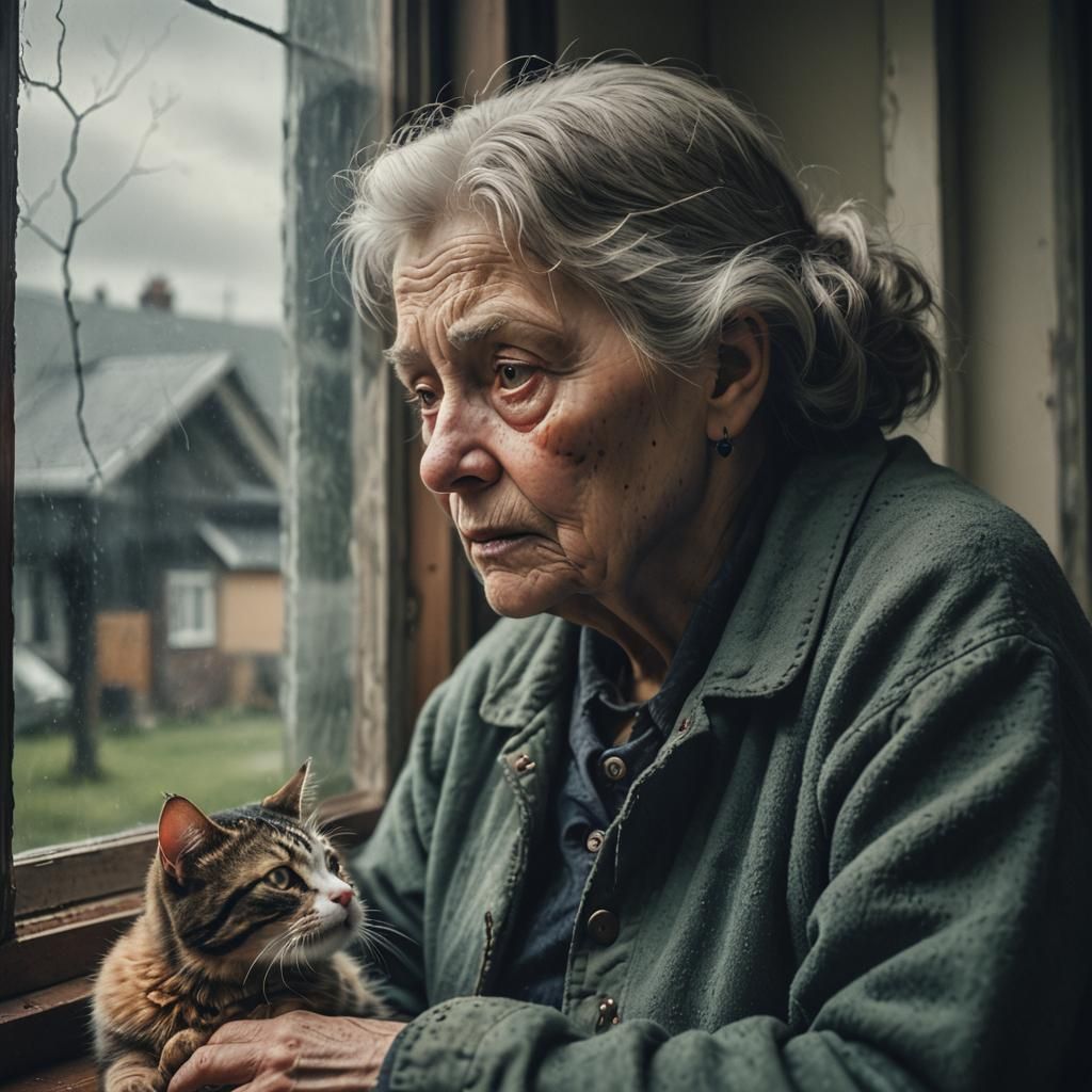 Sad Old Woman with Cat: Cinematic Film Still