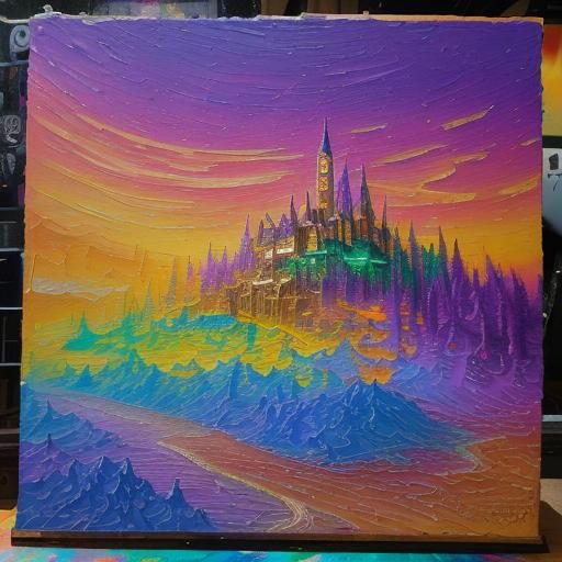 Rainbow Lit Golden Scroll in Neo-Impressionist Style