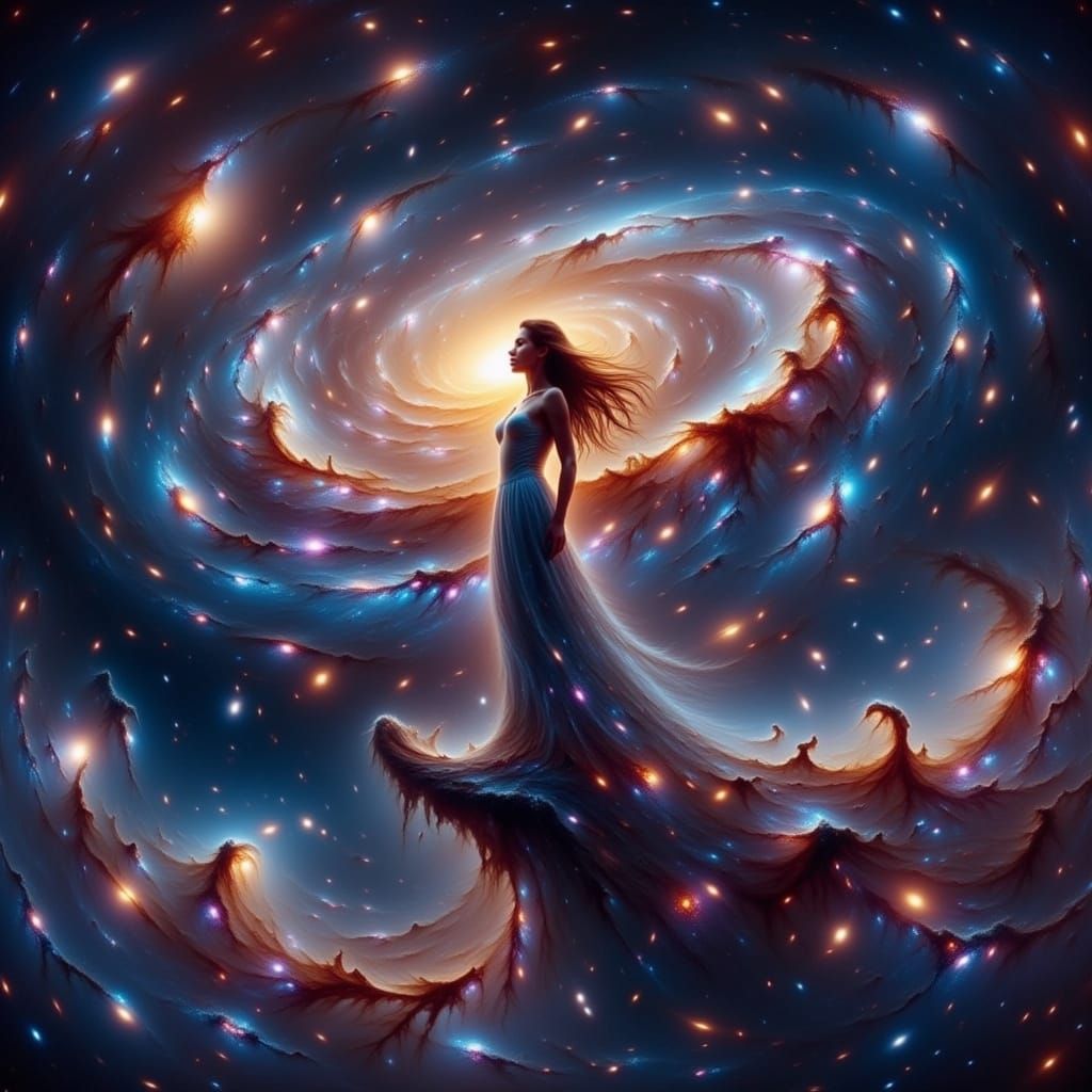 Woman on Cloud Cliff Amidst Swirling Galaxy