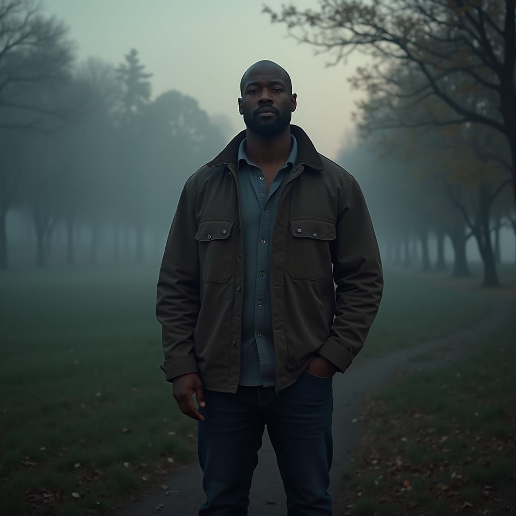 Hyperrealistic Photo of Bald African American Man in Foggy P...