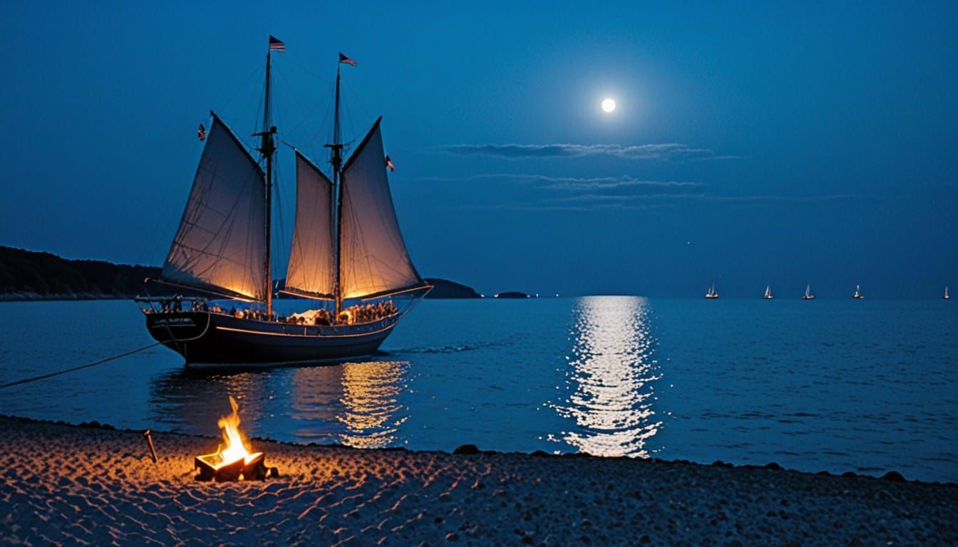 Schooner Anchored in Bay Under Moonlight