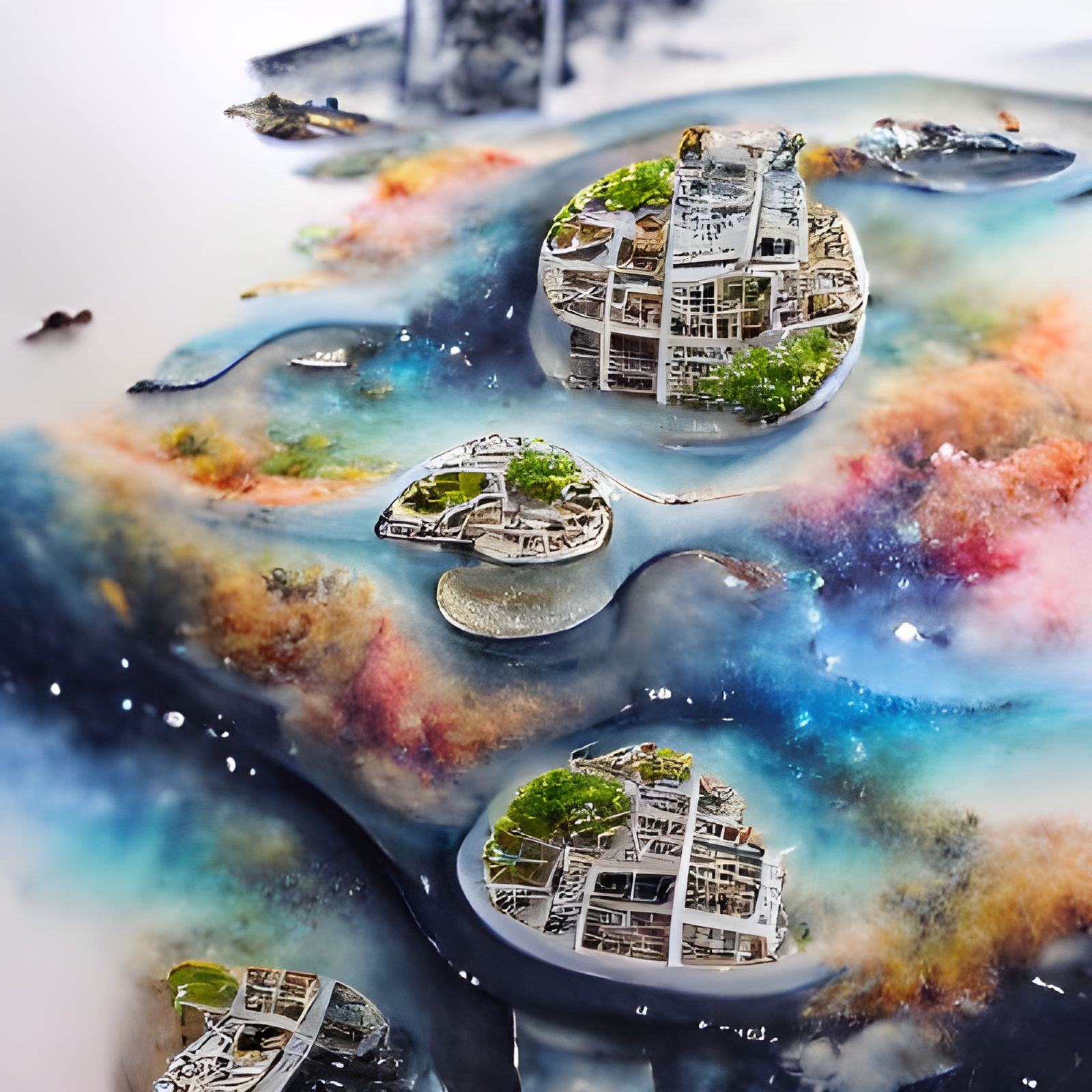 Cities Floating in Space: Watercolor Painting