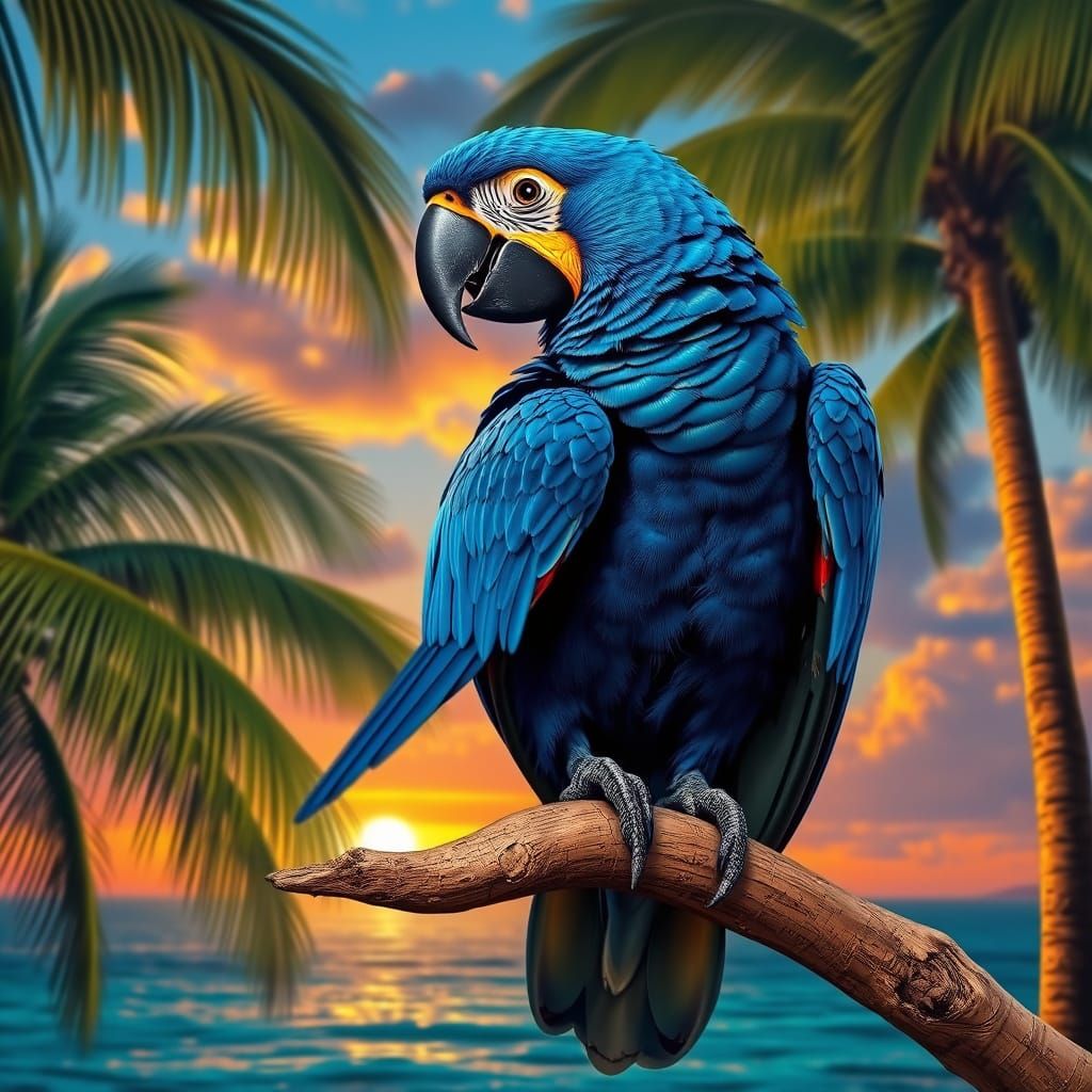 Hyacinth Macaw in Tropical Paradise: Audubon-Inspired Art