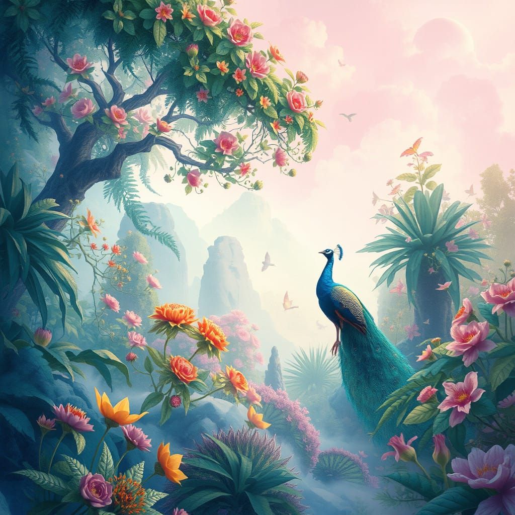 Surreal Paradise with Peacock and Lush Foliage in Vibrant Wa...