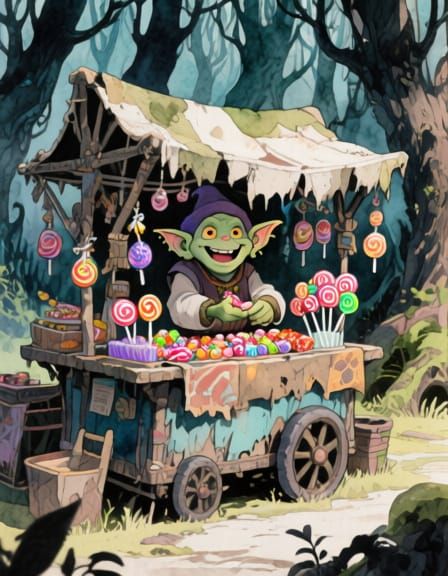 Goblin Merchant Sells Magical Candy in Strange Forest