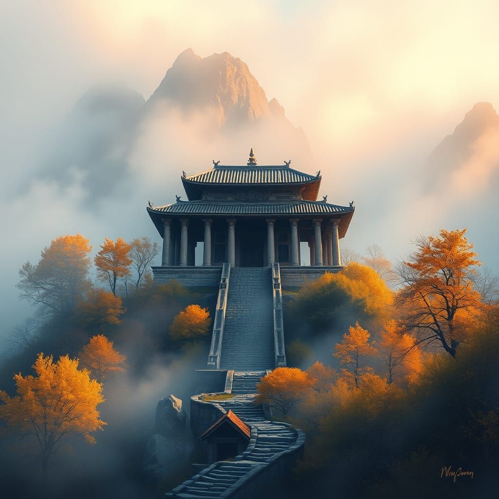 Mountain Temple in Autumn Mist: Watercolor Realism