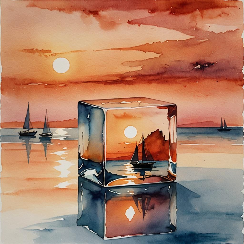 Watercolor Seascape in Crystal Cube