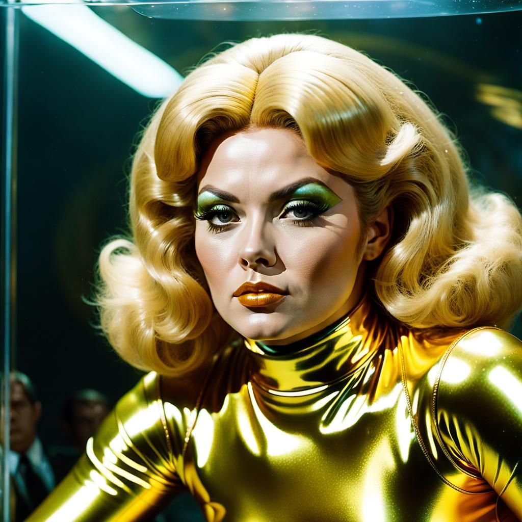 1970s Sci-Fi Woman in Golden Latex Catsuit