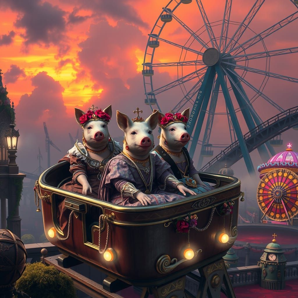 Intergalactic Pig Princesses Ride Rollercoaster in Dystopian...