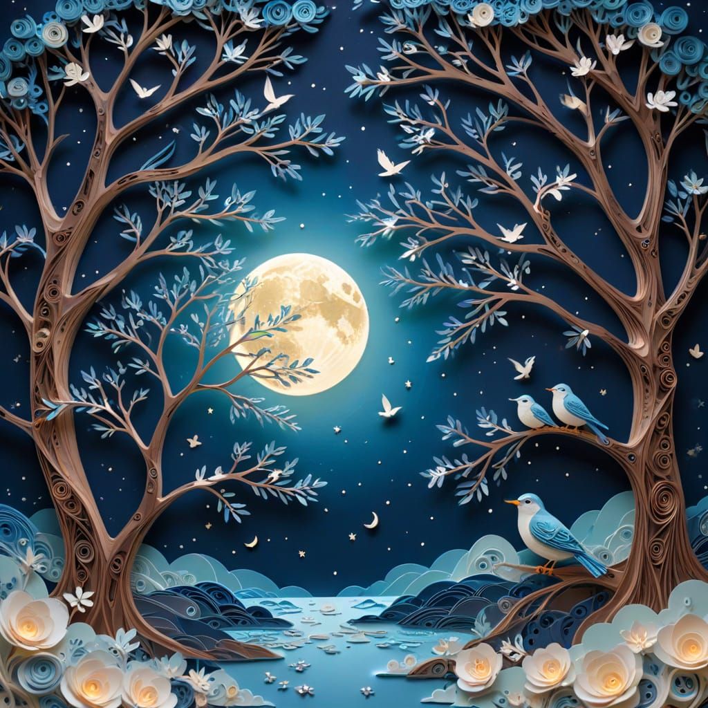 Dreamy Surreal Night in Paper Quilling Style