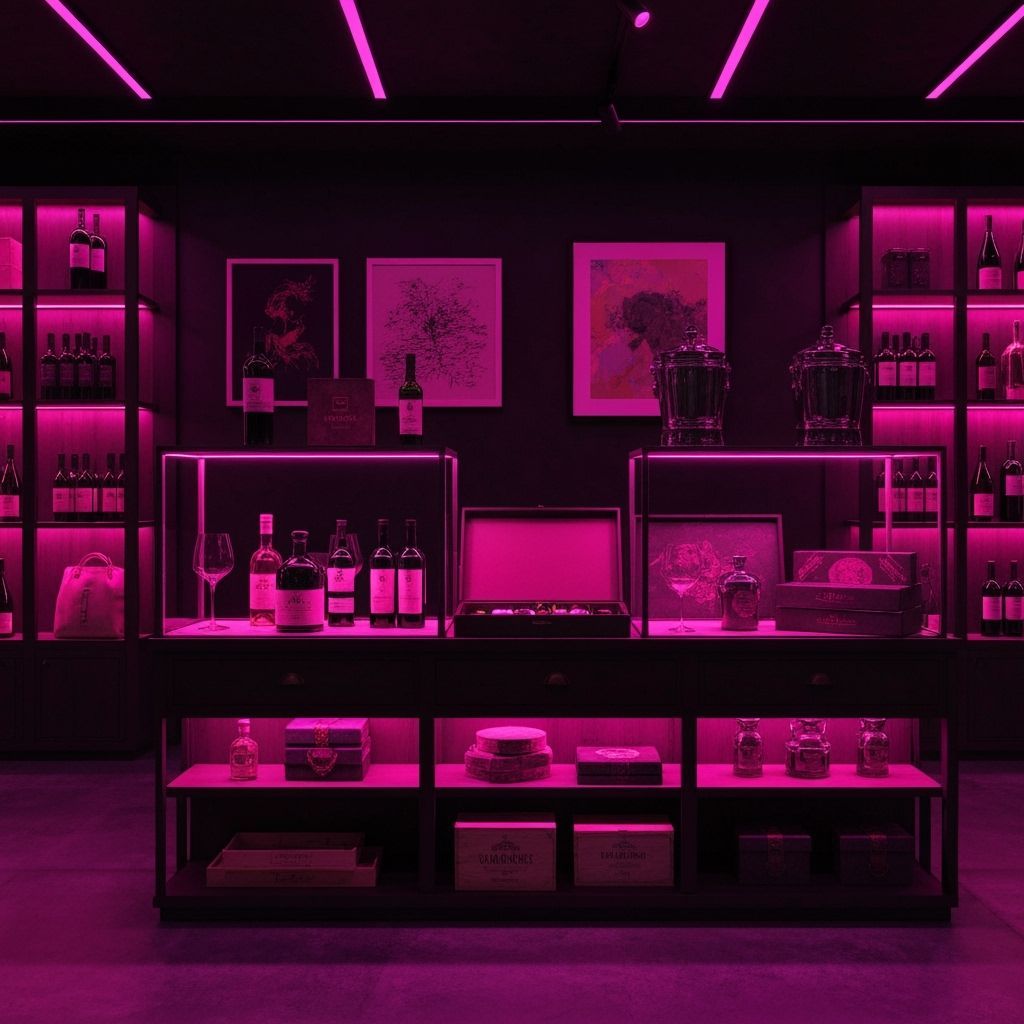 Luxury Galleria Displaying Fine Art and Wine in Neon Realism