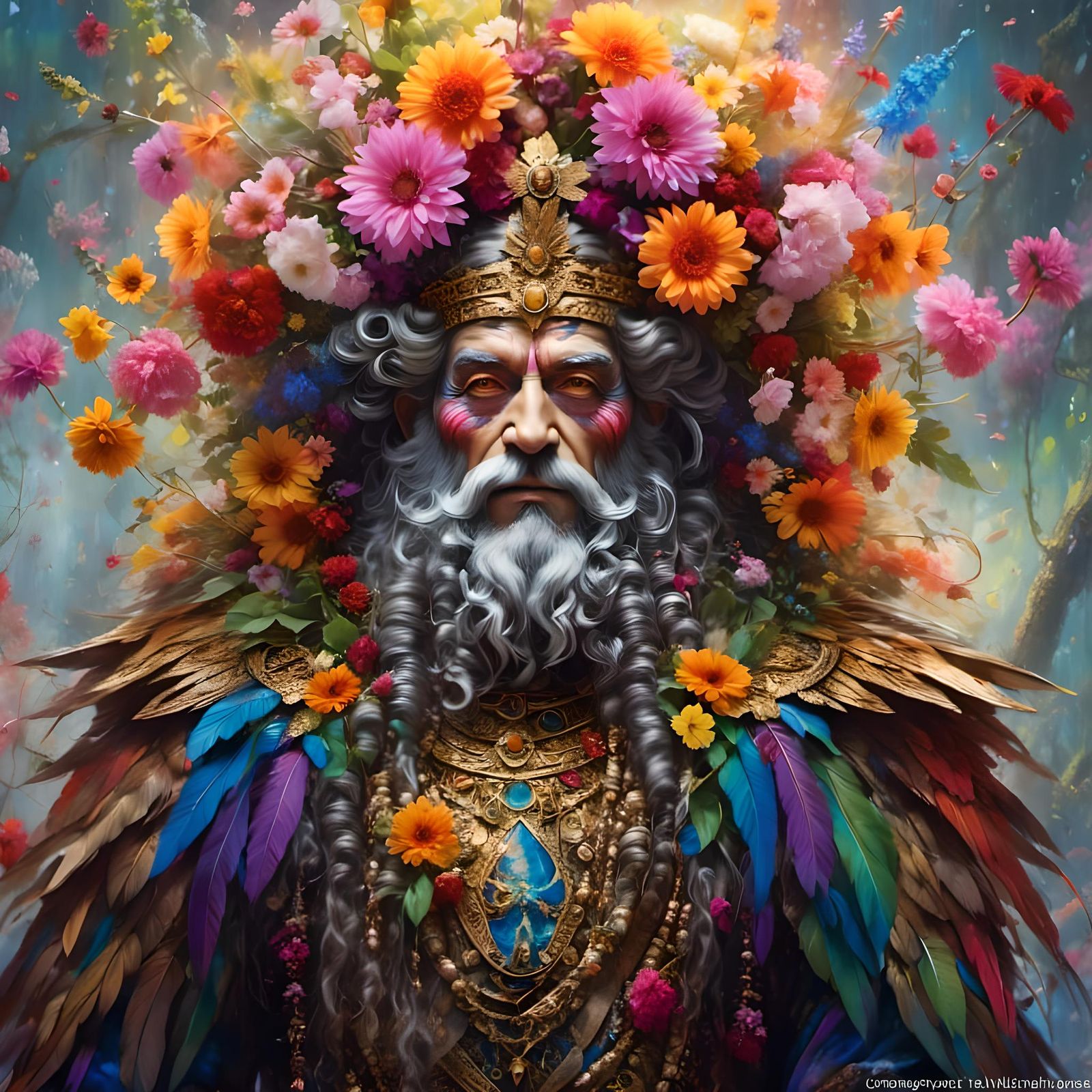 Manly Flower God with Rainbow Eyes in Wildflowers