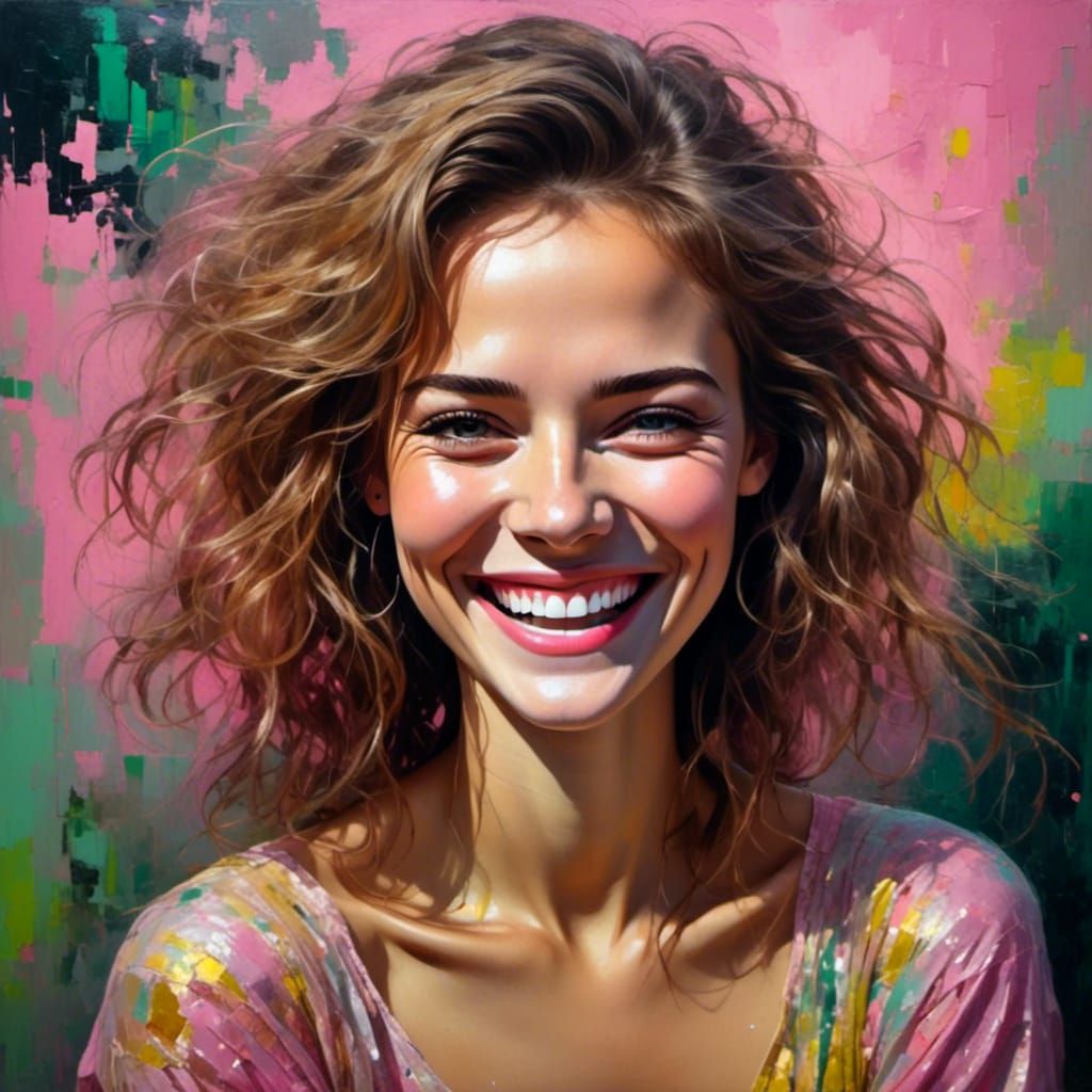 Glamorous Oil Portrait of a Laughing Beauty