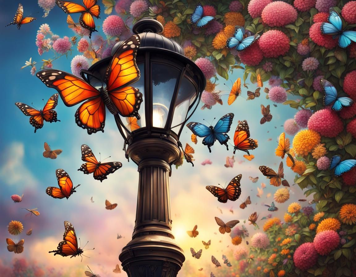 Hyperrealistic Butterflies and Lamp Post in Flower Garden