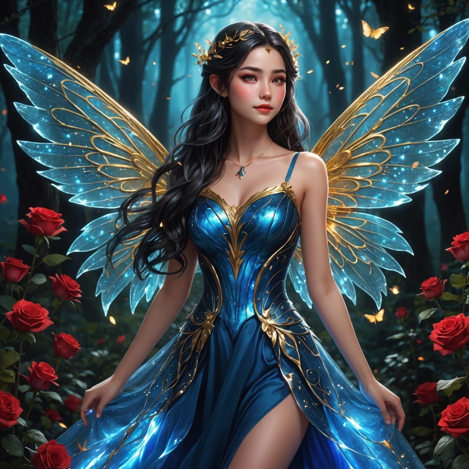 Beautiful Fairy with Glowing Wings in Enchanted Forest