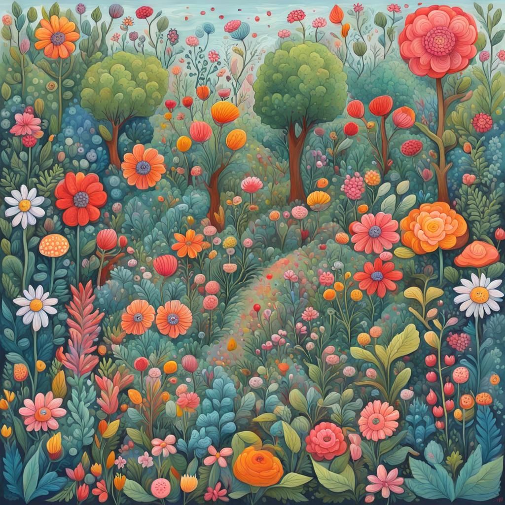 Whimsical Naive Garden Doodle Art in Gouache