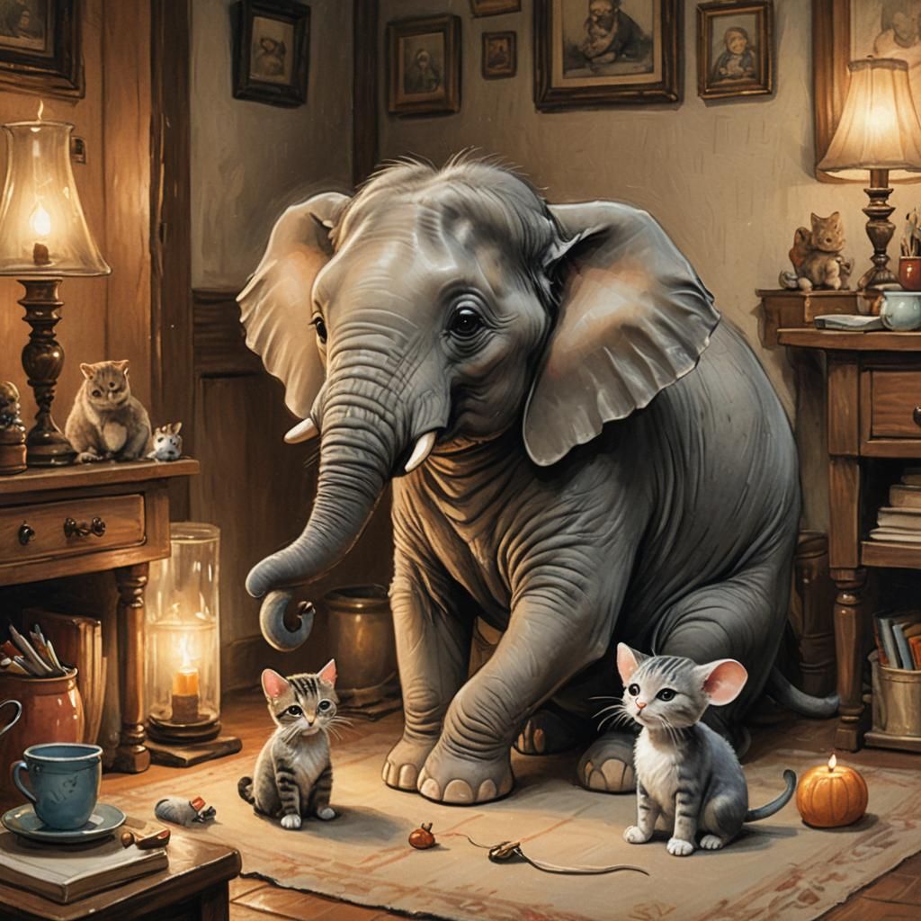 Chibi Elephant, Mouse, and Cat in Oil Painting Style