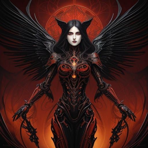 Biomechanical Red Angel in Art Nouveau Style