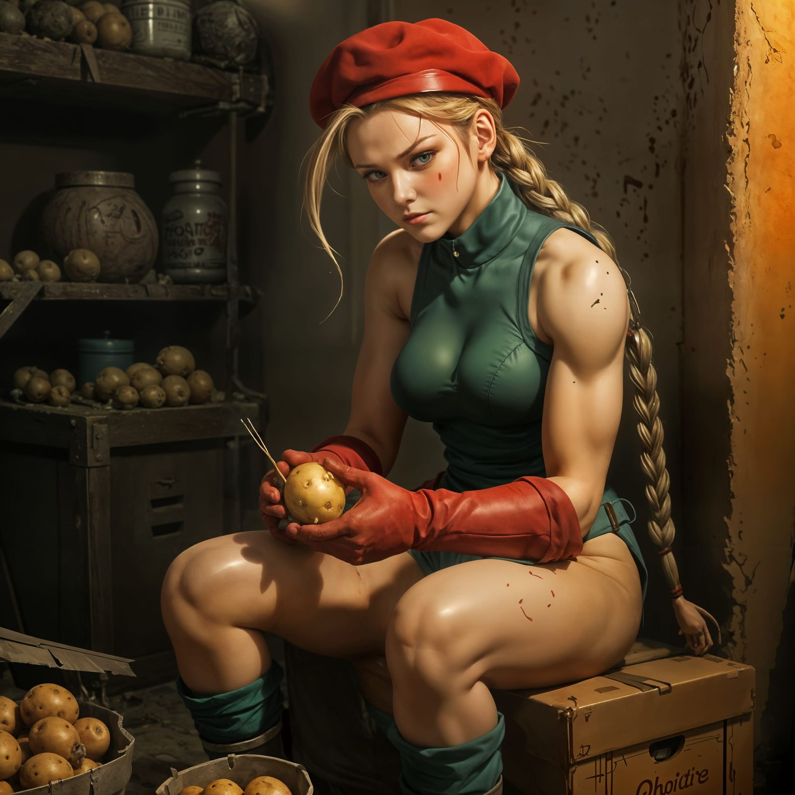 Anime Woman Peeling Potatoes as Digital Art