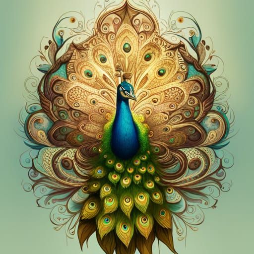 Luminous Peacock with Golden Outlines: Digital Painting
