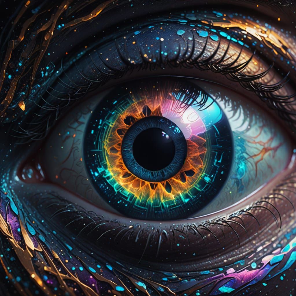 Holographic Eye Reflecting Cosmic Nebula in Sci-Fi Art