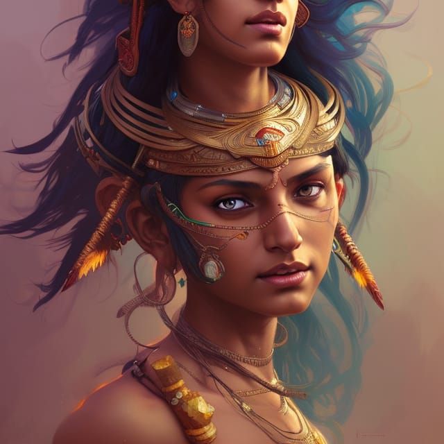 Indian Warrior Princess Portrait in Art Nouveau Style