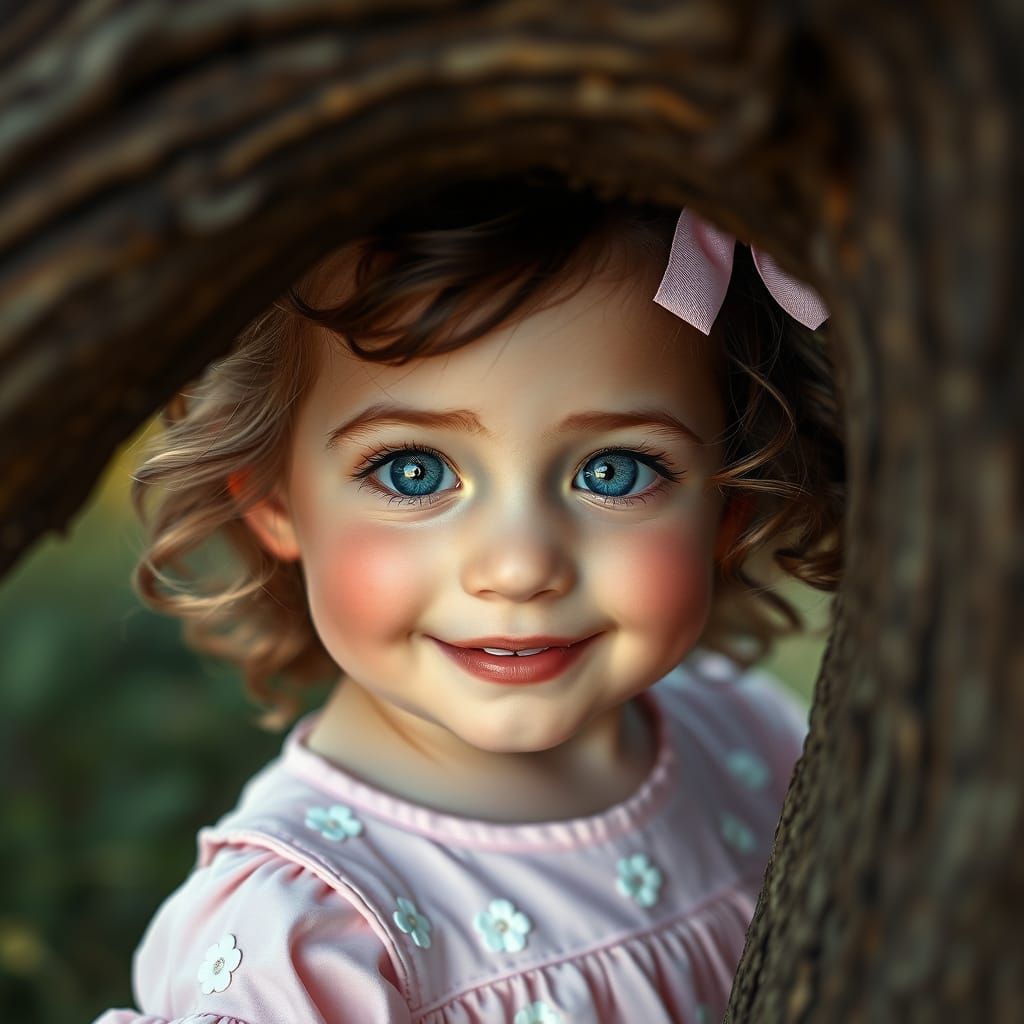 Whimsical Girl Peeks from Under Tree Branch in Hyperrealisti...