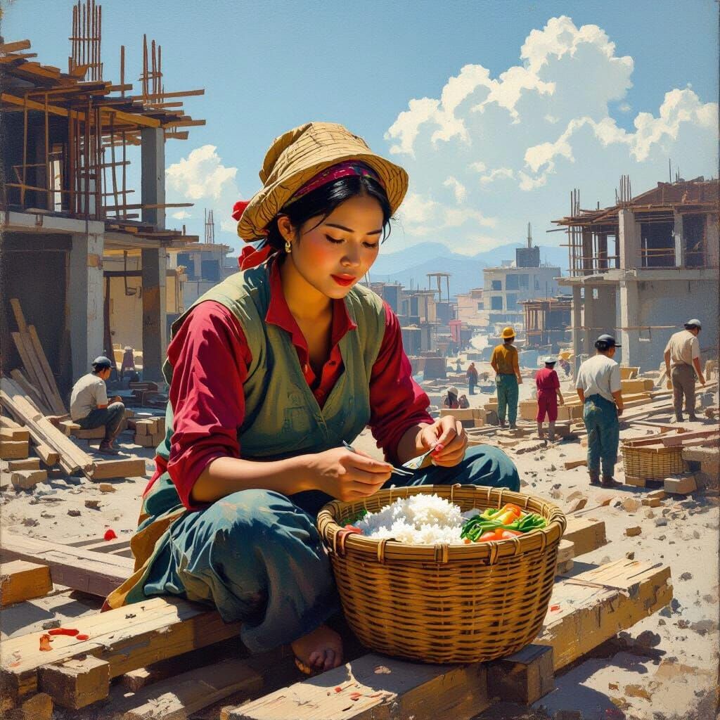 1935 Samsui Woman Eating Lunch at Construction Site Oil Pain...