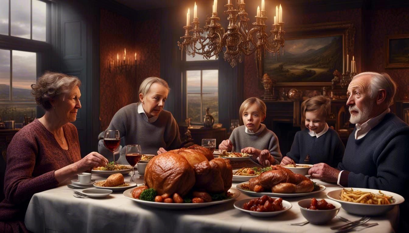 A British family enjoying a Sunday roast dinner.