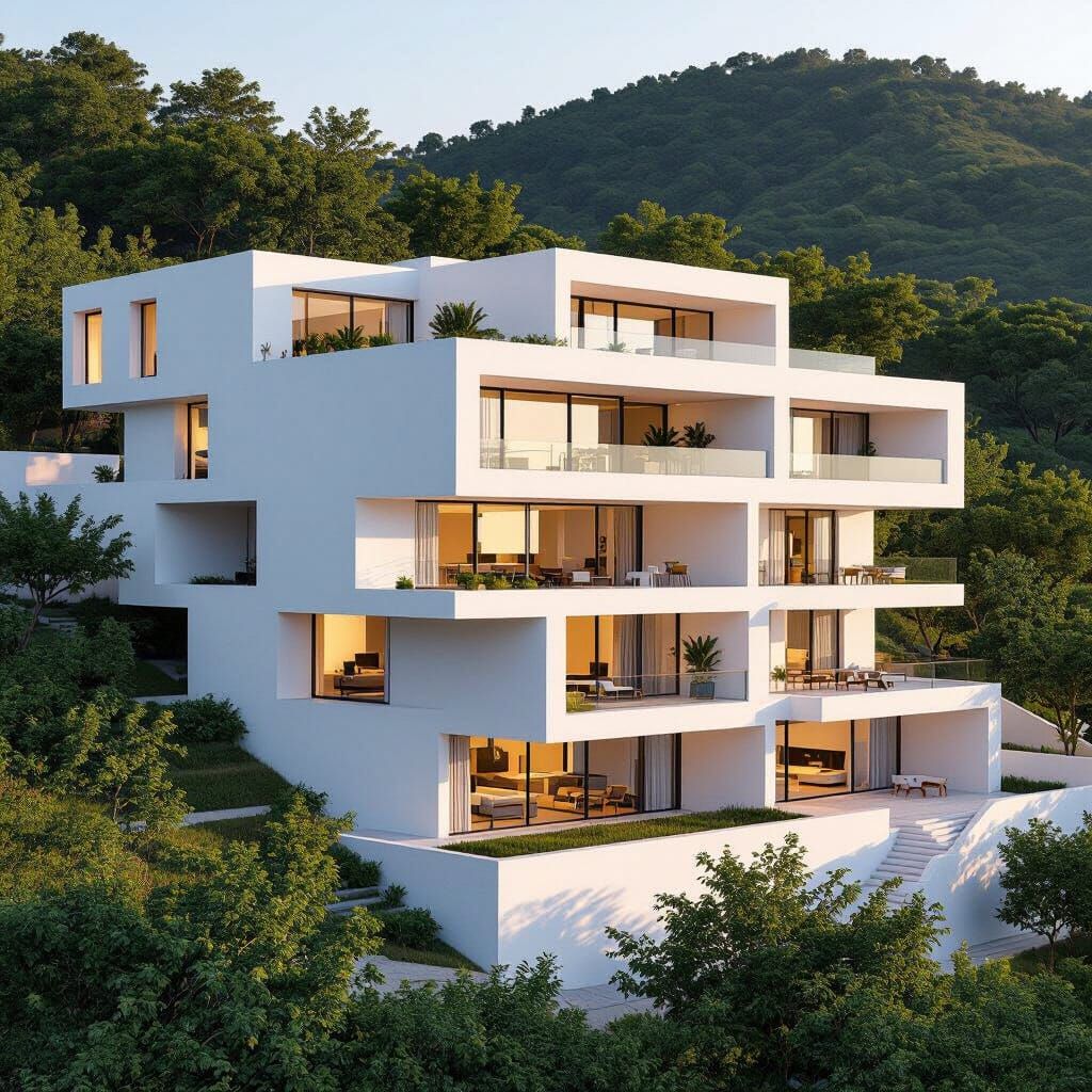 Modern White Flat-House on Gentle Hill in Minimalist Style