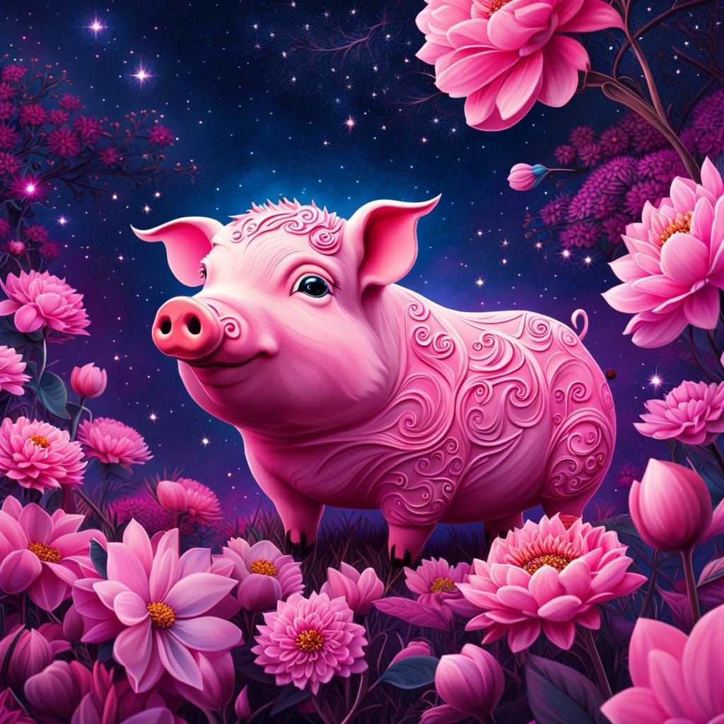 Hyperrealistic Chibi Pink Pig Under Starry Sky