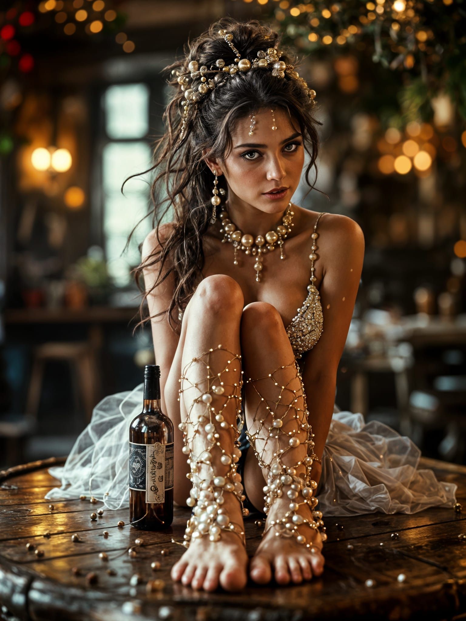 Beaded Dancer on Tavern Table, Hyperrealistic Fairytale Styl...