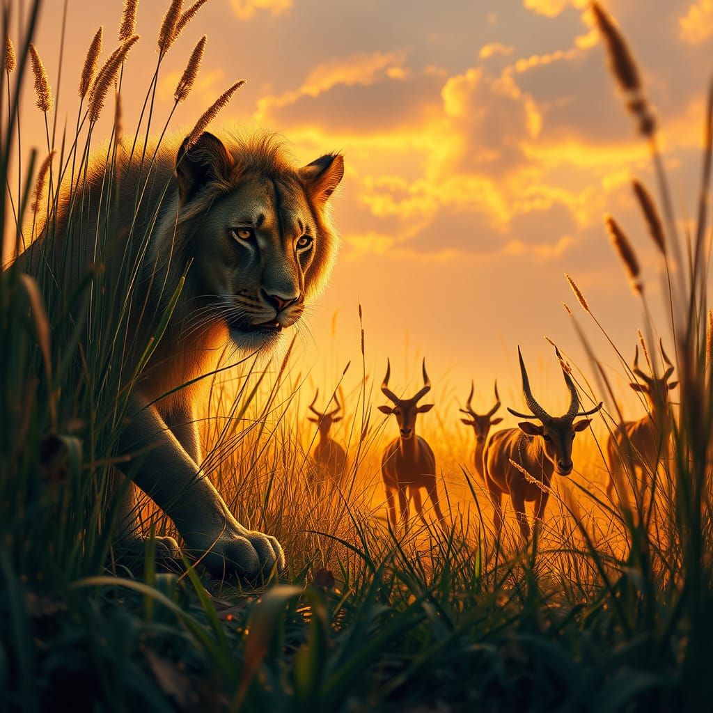 Lioness Stalking Prey in Golden Light