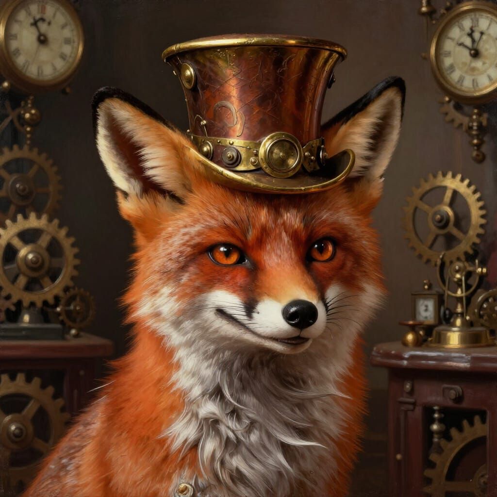 Distinguished Steampunk Fox in Ornate Top Hat