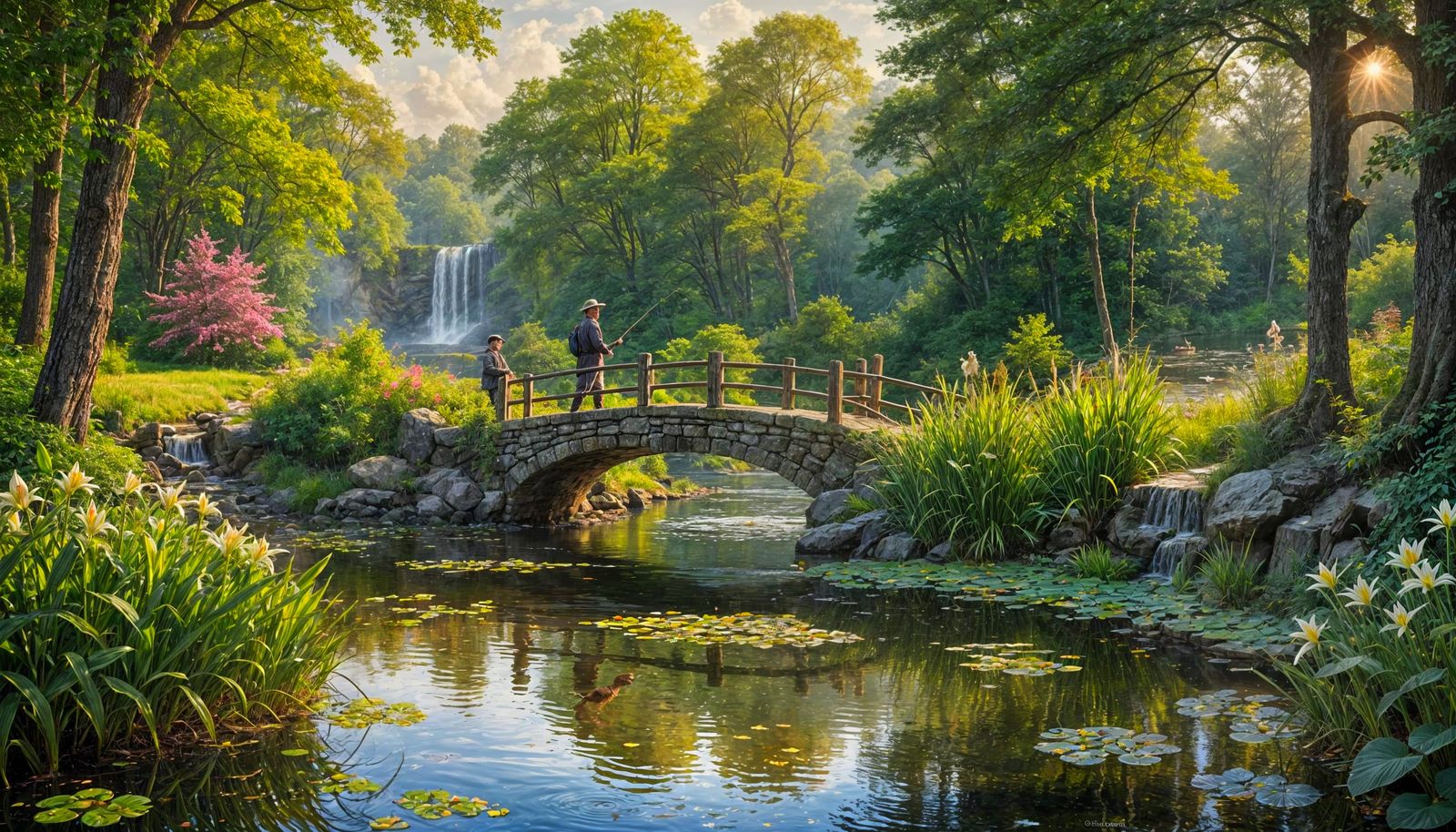 Picturesque Pond at Sunset in Romantic Style