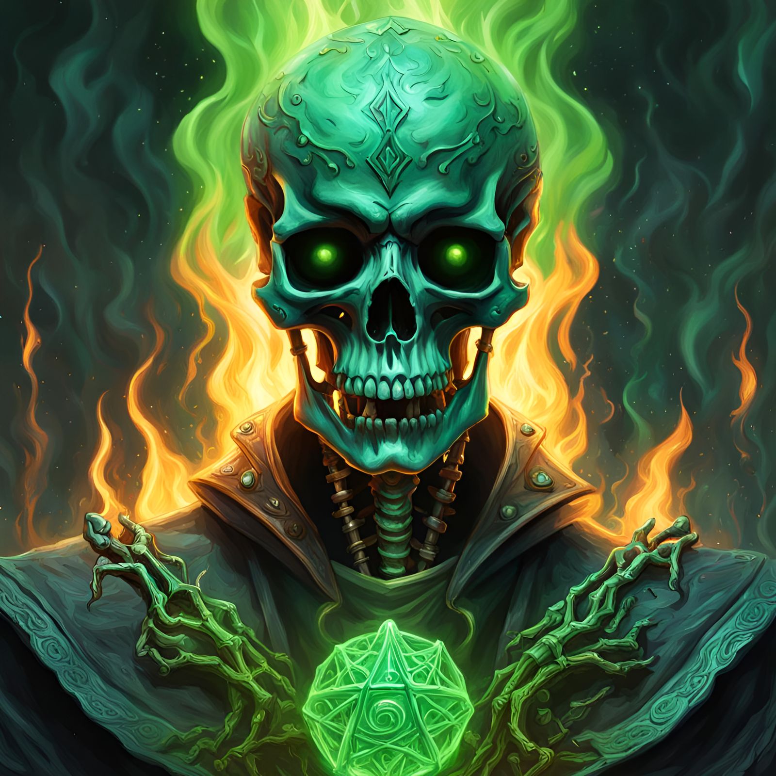Skeleton Wizard with Eldritch Flames, Hyperrealistic Art