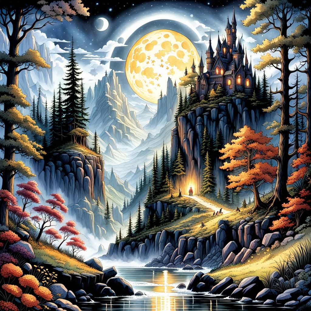 Gothic Fantasy Cliffside in Watercolor Style