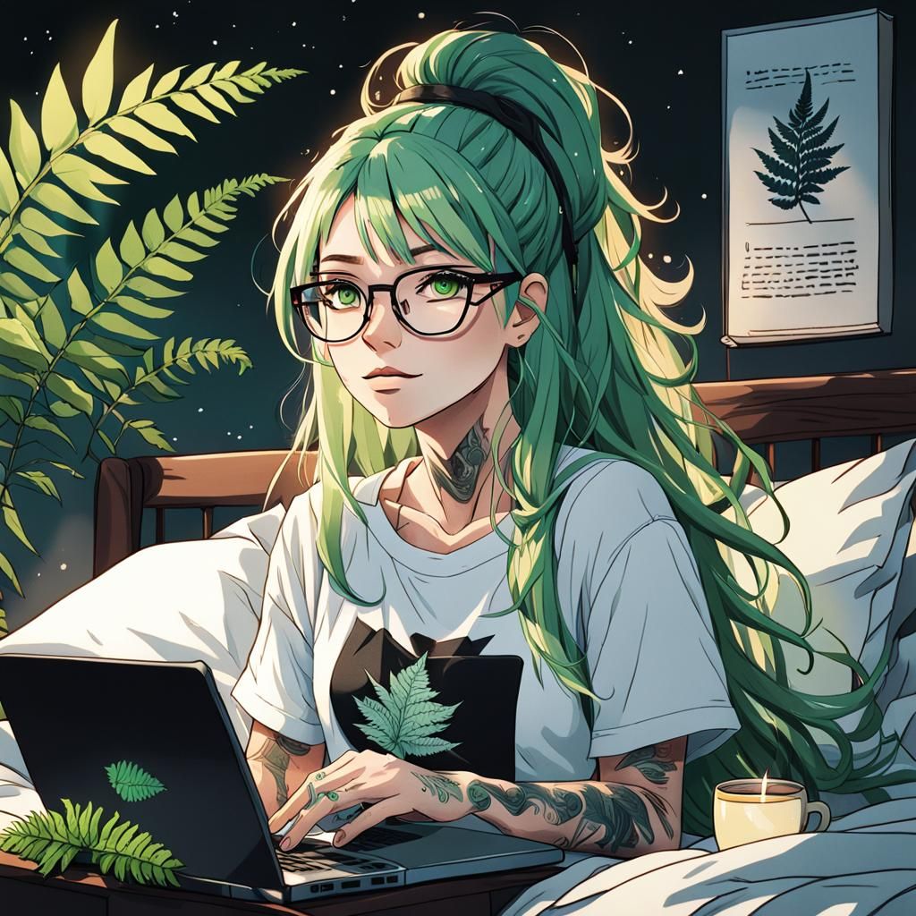 Anime Girl with Green Hair Reading in Bed