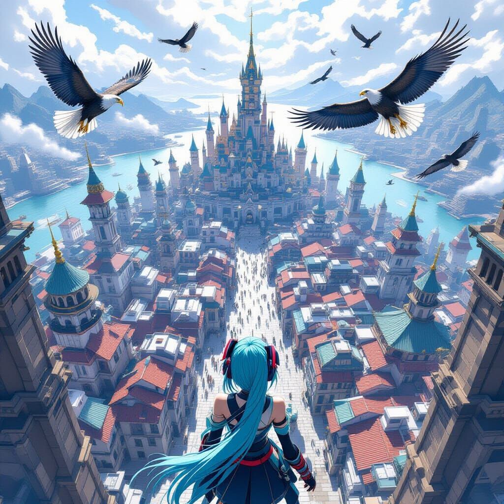 Fantasy City Bird's-Eye View with Overlooker