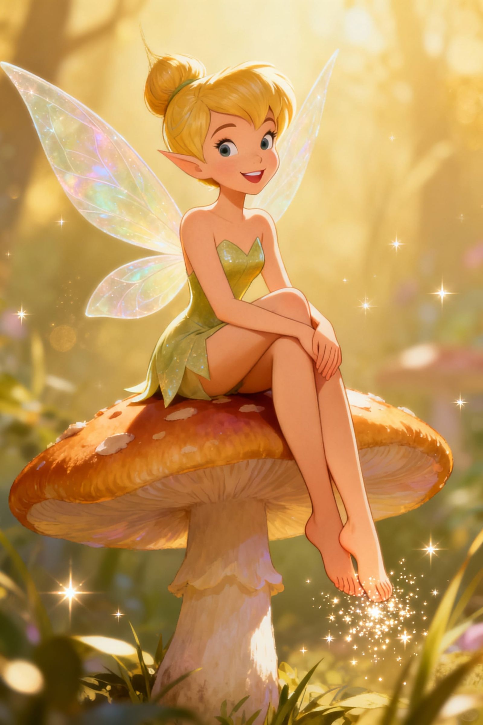 Tinkerbell on Mushroom, Pixie Dust Sparkles from Feet