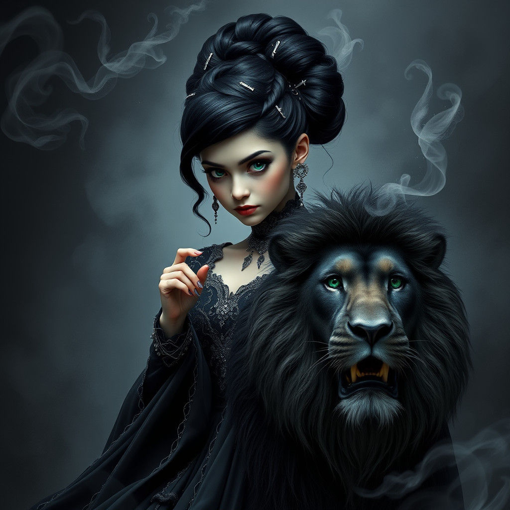 Vampire Woman Casting Magic with Lion Companion