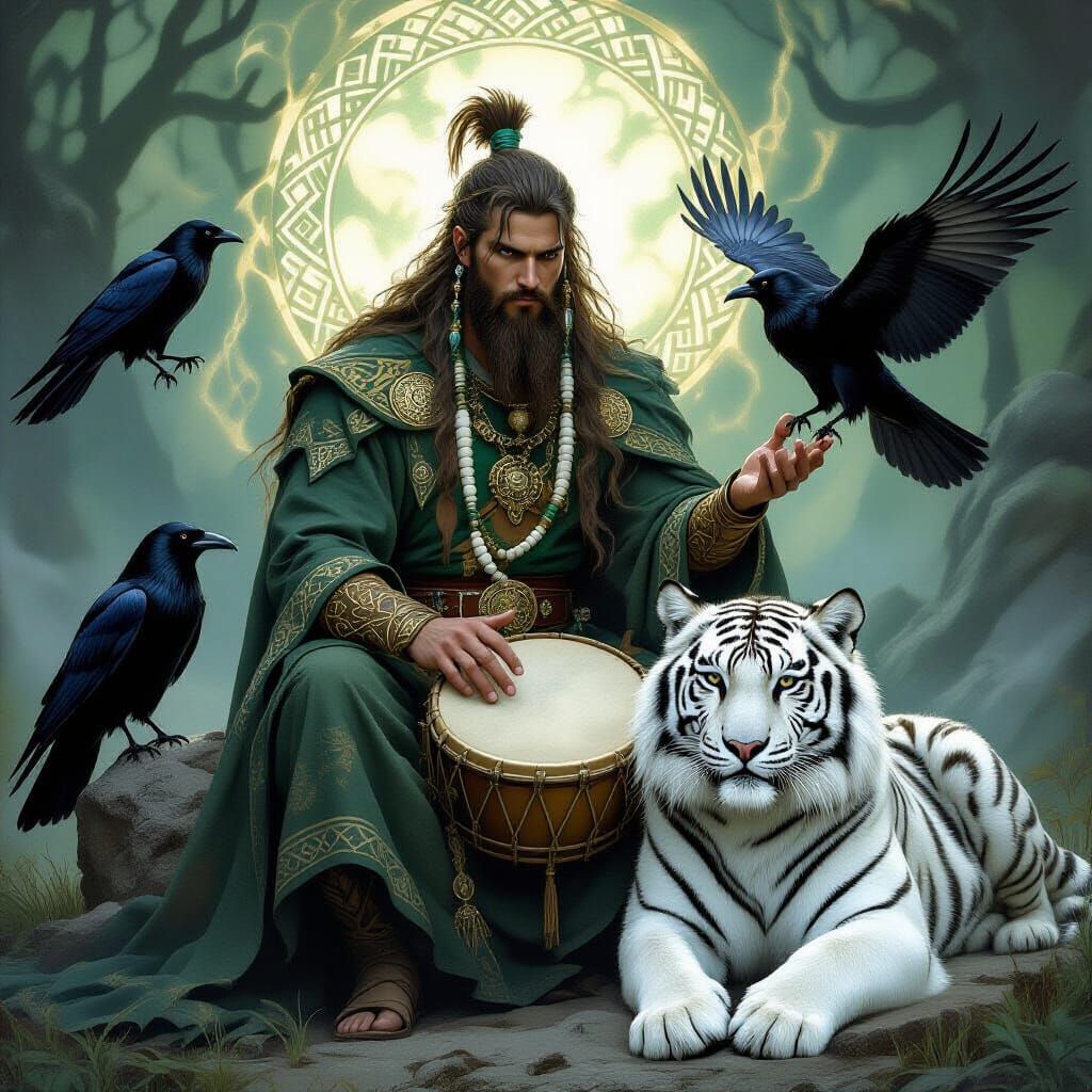 Celtic Druid Vision Quest with Tiger and Ravens