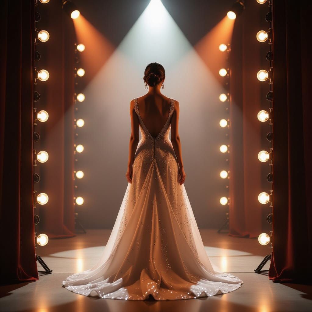 Glamorous Woman Prepares in Dramatic Dressing Room