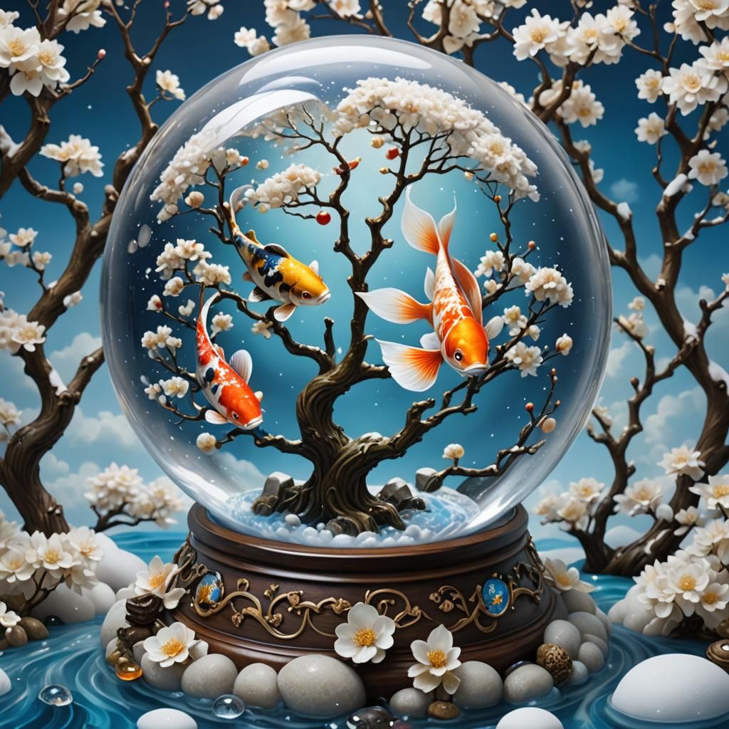 Yin Yang Koi Snow Globe: Photorealistic Digital Art